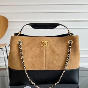 CHANEL Two-Tone Quilted Suede & Leather Shoulder Bag - Tan & Black